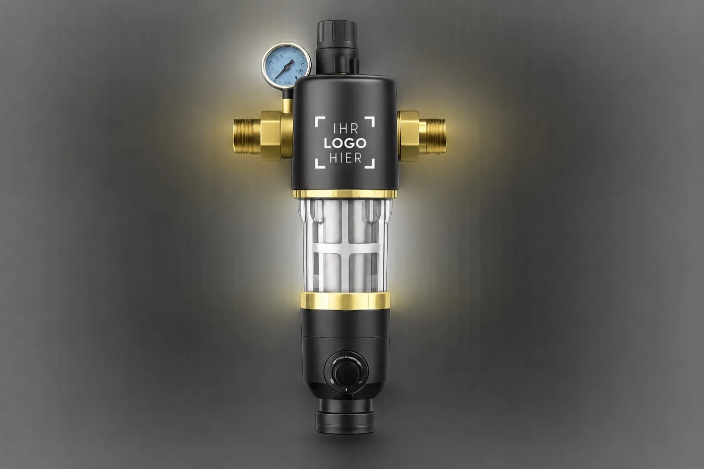 Eigenmarken, OEM-Produkte und individuelle Lösungen für die Wasseraufbereitung 1 Rückspülfilter mit Manometer und Platzhalter für das Kundenlogo auf dem Gehäuse
