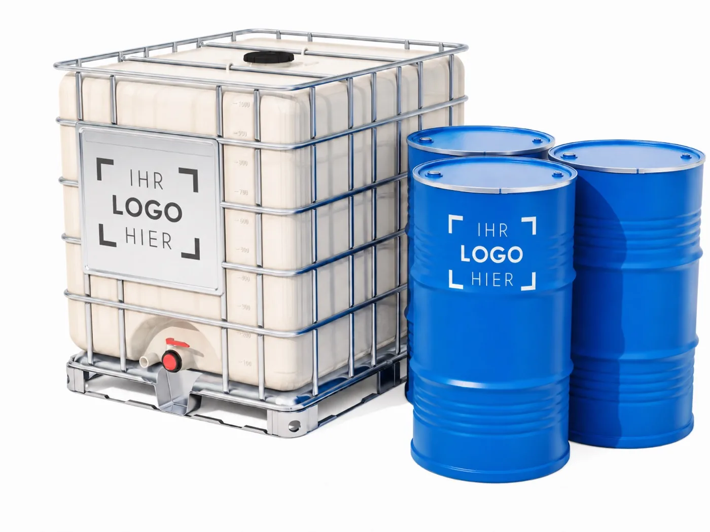 Eigenmarken, OEM-Produkte und individuelle Lösungen für die Wasseraufbereitung 4 IBC-Container und zwei blaue Fässer mit Platzhalter für das Kundenlogo